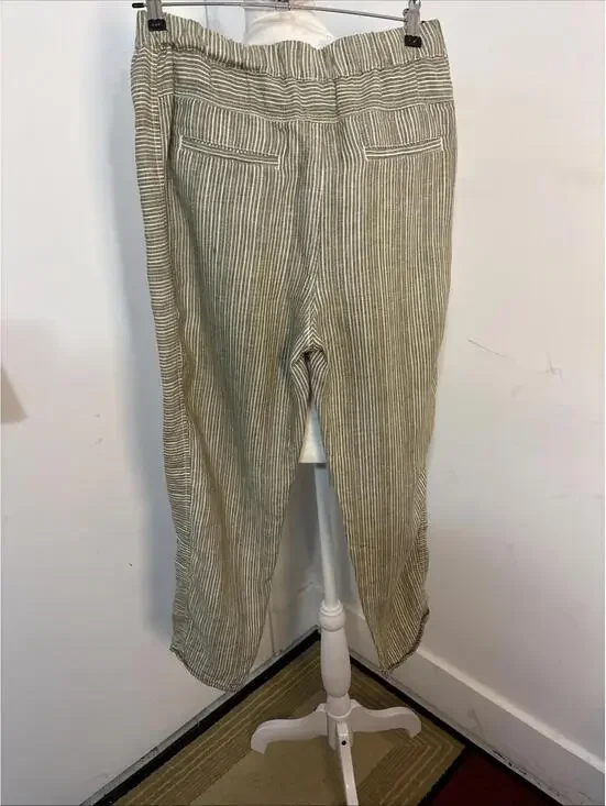 By Anthropologie Pants Womens XSmall Green Stripe 100% Linen Pull On Ankle Crop - Picture 13 of 16